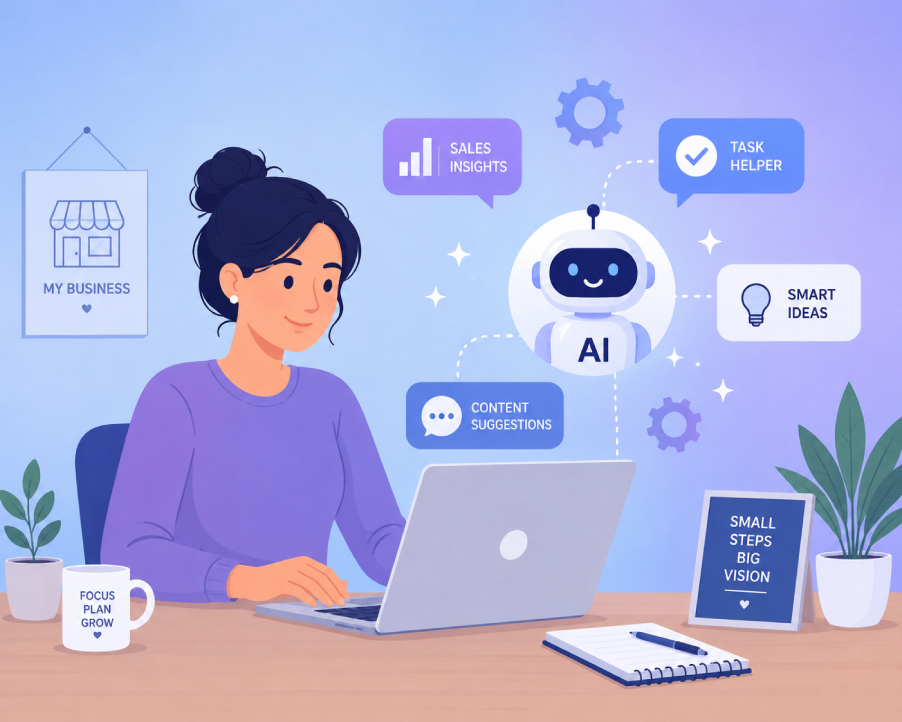 AI tools for small businesses helping an entrepreneur work faster at a laptop