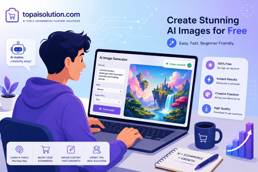 Beginner user generating images with free AI image generator tool on laptop
