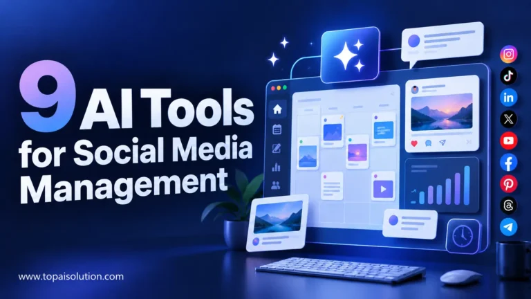 AI social media management dashboard showing a content calendar, post previews, analytics, and social platform icons.