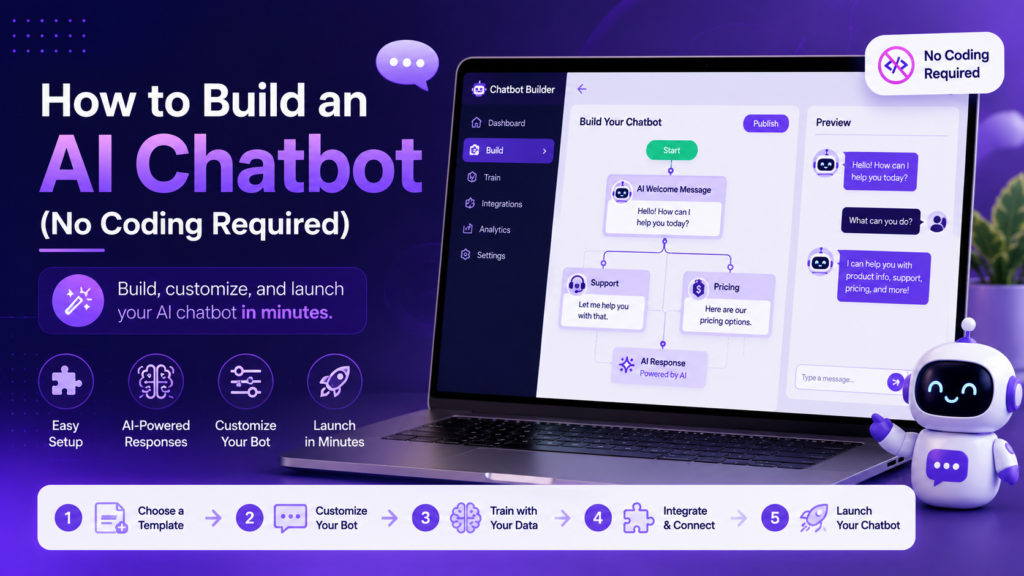 Person building an AI chatbot using a no-code builder on a laptop
