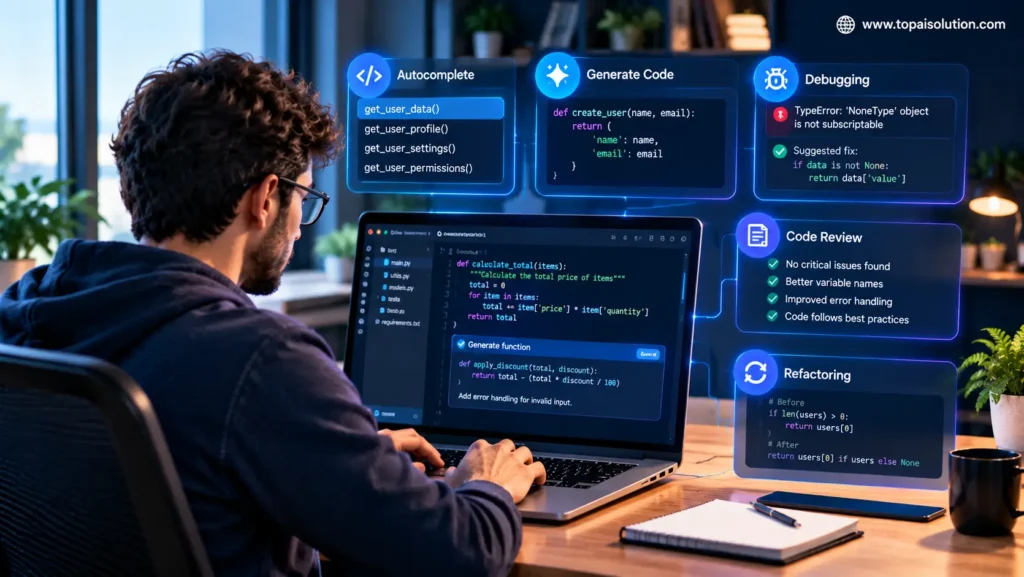 AI coding assistants helping developers write and debug code
